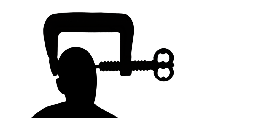 screw clamp, clamp, tool, silhouette, man, person, head, pressure, distress, urge, coercion, predicament, threat, narrowing, fetter, not, oppression, effort, drive, strain, strict, power, stop, torture