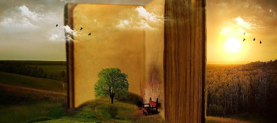 book, old, surreal, fantasy, pages, open book, chapters, tree, path, fields, meadows, story, story book, photomontage, photo manipulation, nature, clouds, landscape, old book, read, antique, study, antiquarian, leather back