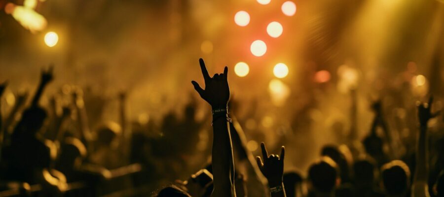 a crowd of people at a concert with their hands in the air