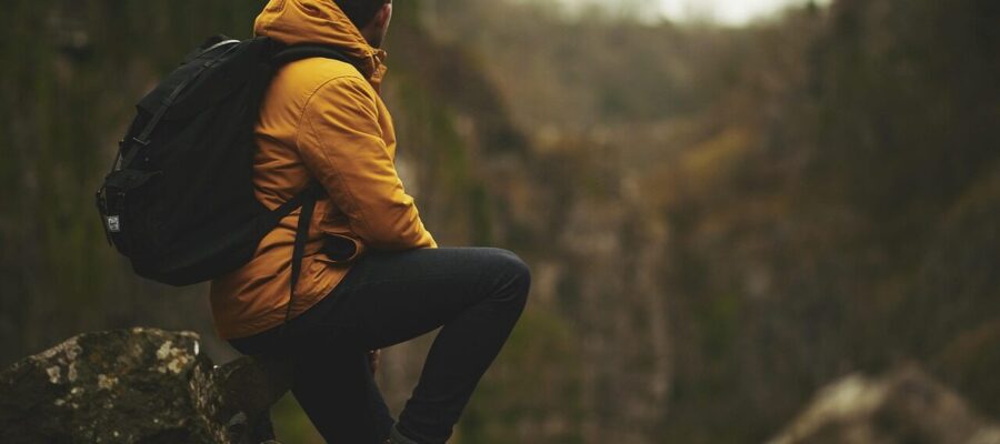 adventure, man, mountain, outdoors, rocks, nature, sitting, backpack, hiking, hiker, trek, trekking, hike