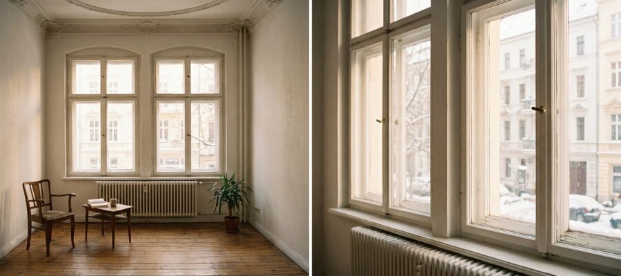 Altbauzimmer mit hohen Decken und Heizkörper unter dem Fenster